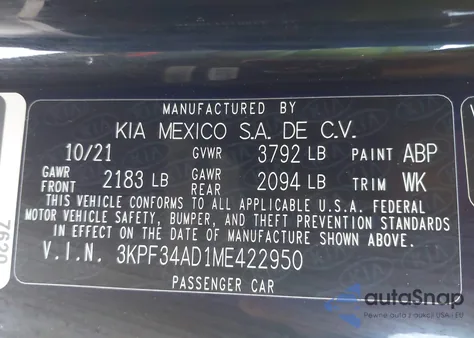 2021 Kia Forte Gt-Line from USA, damaged, VIN 3KPF34AD1ME422950